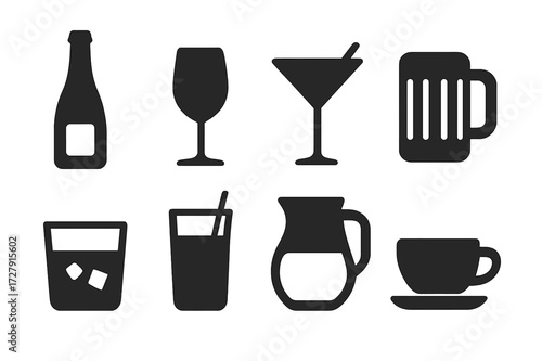 Banquet Drink Icons. Solid, filled icon set of banquet drinks: champagne bottle, wine glass, cocktail glass, beer mug, whiskey glass, juice glass, water