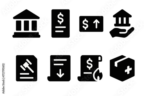 Government Response Icons. Solid, filled icon set of government response to downturn: central bank, budget, stimulus check, bailout, regulation, tax form,