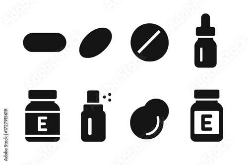 Vitamin E Icon Set. Solid, filled icon set of vitamin E supplements: capsule, softgel, tablet, dropper bottle, powder jar, spray bottle, chewable, bottle with