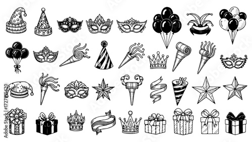 Celebrate special occasions with festive party elements including decorative masks, hats, balloons, noisemakers, gifts, stars, and crowns for joyous events