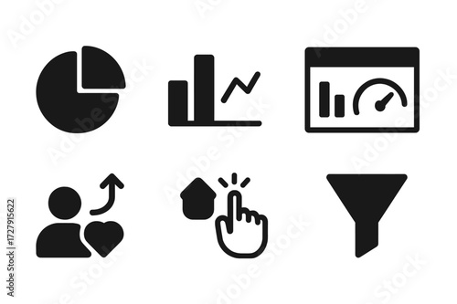 Social Media Analytics Icons. Solid, filled icon set of social media analytics: pie chart, bar graph, line chart, dashboard, user growth, engagement rate,