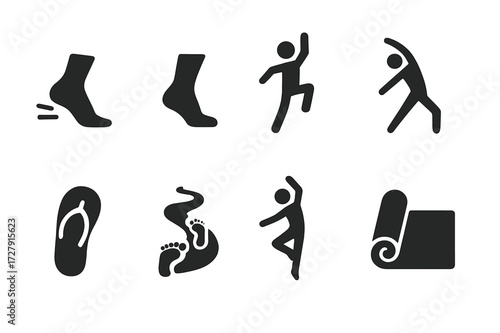 Barefoot Icon Grid. Solid, filled icon set of barefoot activities: running foot, walking foot, jump, stretch, dance pose, barefoot sandal, trail path, barefoot