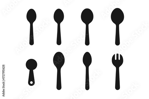 Spoon Icon Collection. Solid, filled icon set of spoon types: teaspoon, tablespoon, dessert spoon, soup spoon, measuring spoon, wooden spoon, plastic spoon,