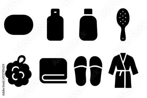Hygiene Icon Grid. Solid, filled icon set of towel and hygiene objects: soap, shampoo bottle, shower gel, bath brush, loofah, towel, bath slippers, bathrobe.