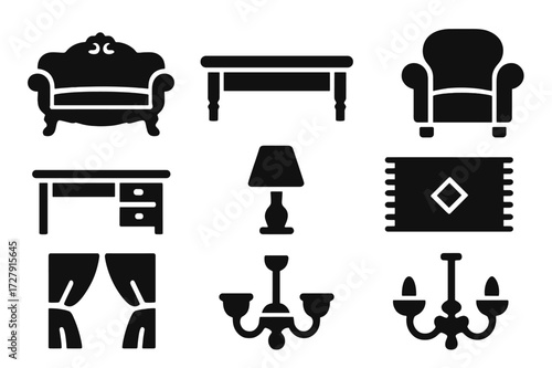 Estate Furniture Icons. Solid, filled icon set of estate furniture: antique sofa, coffee table, armchair, desk, lamp, rug, curtain, chandelier. Solid, filled