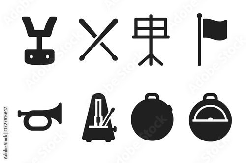 Battle Rhythm Icons. Solid, filled icon set of battle rhythm equipment: drum harness, drumsticks, music stand, flag pole, bugle, metronome, drum case, cymbal