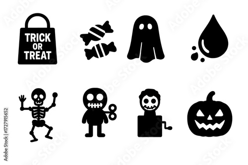 Halloween Trick Icons. Solid, filled icon set of Halloween tricks: trick-or-treat bag, candy switch, ghost sheet prank, fake blood, moving skeleton, creepy