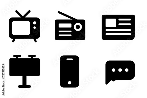Media Icons Grid. Solid, filled icon set of media channels: TV, radio, newspaper, online, social media, outdoor, mobile, email. [Line icons in only black