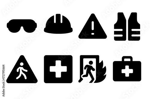 Workplace Safety Icons. Solid, filled icon set of workplace warnings: safety goggles, hard hat, caution sign, safety vest, wet floor, first aid, fire exit