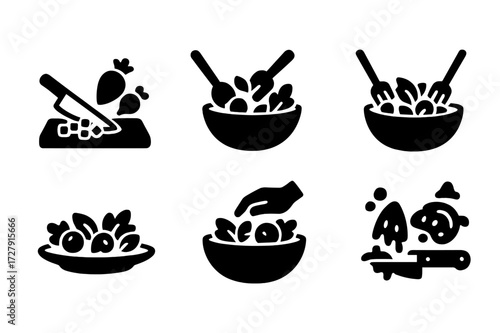 Salad Preparation Icons. Solid, filled icon set of salad preparation: chopping, mixing, tossing, plating, garnishing, washing, peeling, slicing. Line icons in