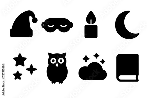 Nighttime Icons Set. Solid, filled icon set of nighttime objects: nightcap, sleeping mask, candle flame, moonlight, stars, night owl, dark sky, closed book.
