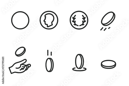 Coin Toss Icons. Outline icon set of coin toss basics: coin, heads side, tails side, flipping coin, hand tossing coin, falling coin, coin landing, coin shadow.