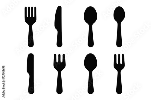 Cutlery Icons Grid. Solid, filled icon set of cutlery basics: fork, knife, spoon, teaspoon, butter knife, salad fork, soup spoon, dessert fork. Solid, filled