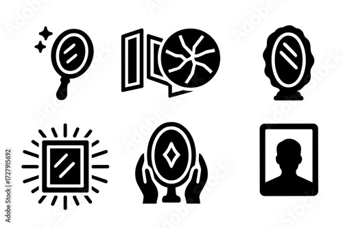 Black Mirror Icons. Solid, filled icon set of symbolic mirrors: magic mirror, mirror maze, shattered mirror, mirror portal, mirror frame with rays, mirror with