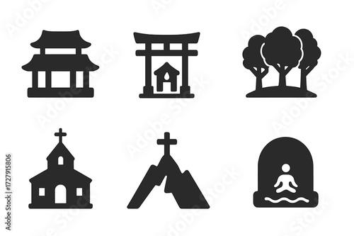 Sacred Sites Icons. Solid, filled icon set of blessing places: temple, shrine, altar, sacred grove, church, mountain peak, meditation cave, holy spring. Solid,