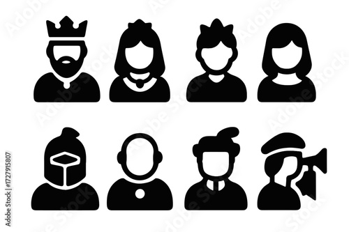 Noble Roles Icons. Solid, filled icon set of noble social roles: king, queen, prince, princess, knight, advisor, courtier, herald. Solid, filled icons in only
