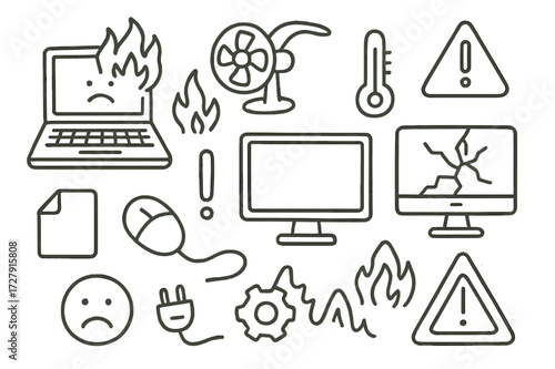 Overheated Computer Chaos. Hand-drawn doodle illustration Overheated computer laptop, monitor, fan, flame, thermometer, broken screen, warning triangle, cable,