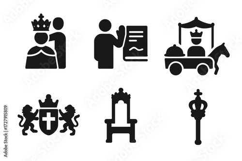 Royal Event Icons. Solid, filled icon set of peerage events: coronation, oath taking, royal banquet, procession, heraldic display, throne, crown, scepter.