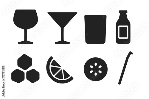 Gin Serving Icons. Solid, filled icon set of gin serving styles: gin glass, cocktail glass, rocks glass, ice cubes, lemon wedge, cucumber slice, tonic bottle,