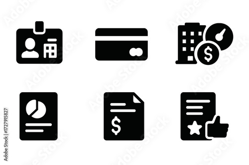 Business Credit Icons. Solid, filled icon set of business credit: business ID, commercial credit card, vendor account, credit limit icon, company score,