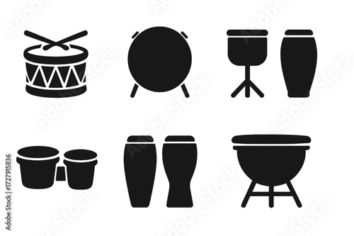 Black Drum Icons. Solid, filled icon set of drum types: snare drum, bass drum, tom-tom, floor tom, bongo drums, conga drums, djembe, timpani. Solid, filled