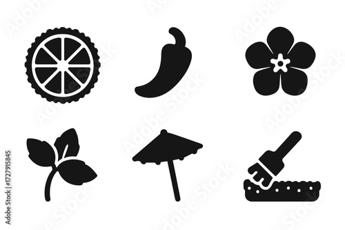 Cocktail Garnish Icons. Solid, filled icon set of salt rim garnish and decoration: lime wheel, lemon twist, chili pepper, edible flower, mint sprig, cocktail