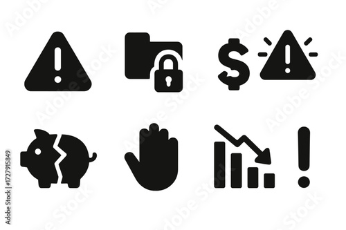 Debt Risk Icons. Solid, filled icon set of debt risk: warning triangle, locked folder, broken dollar, alert badge, cracked piggy bank, stop hand, failing bar