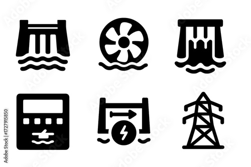 Hydroelectric Power Icons. Solid, filled icon set of hydroelectric power: dam wall, water turbine, spillway, generator, control room, reservoir, water flow