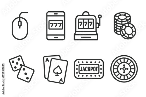 Online Gambling Icons. Outline icon set of online gambling tools: computer mouse, smartphone, slot machine, poker chips, dice, playing cards, jackpot, roulette