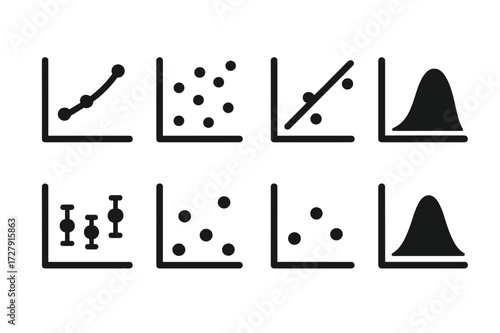 Scientific Icon Grid. Solid, filled icon set of scientific graphs: experimental data, plot points, regression line, curve fit, error margin, axis labels,