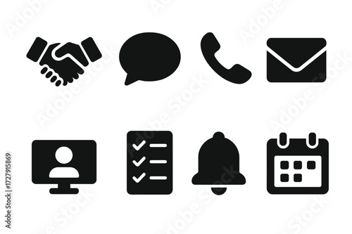 Customer Interaction Icons. Solid, filled icon set of customer interactions: handshake, chat bubble, phone call, email envelope, video call, survey form,