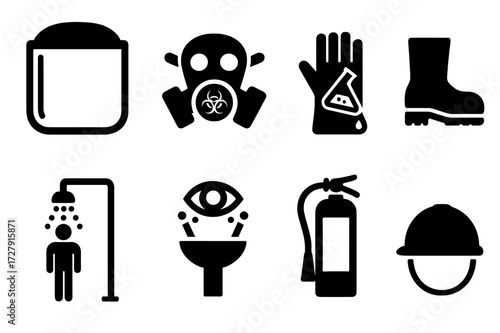 Acid Safety Gear Icons. Solid, filled icon set of acid safety gear: face shield, respirator mask, acid-resistant gloves, safety boots, emergency shower, eye