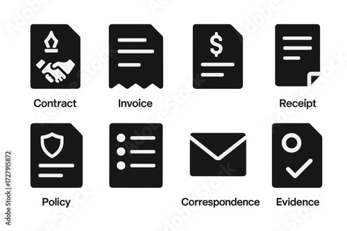 Audit Documentation Icons. Solid, filled icon set of audit documentation: contracts, invoices, receipts, policies, logs, correspondence, approvals, evidence.