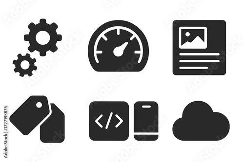 SEO Icon Set. Solid, filled icon set of SEO optimization: gears, speedometer, content, sitemap, tags, meta description, mobile, cloud. [Line icons in only