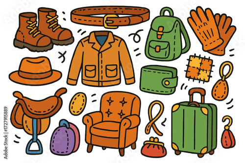 Colorful Leather Accessories. Leather lifestyle. Colorful Hand-drawn doodle Children illustration Boots, jacket, belt, backpack, gloves, hat, wallet, saddle,