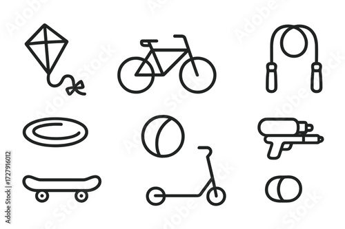 Outdoor Toy Icons. Outline icon set of outdoor toys: kite, bicycle, skateboard, jump rope, frisbee, ball, scooter, water gun. Line icons in only black color,