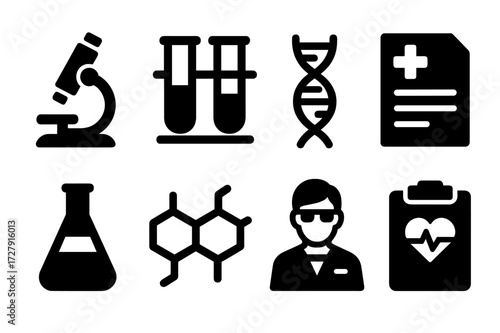Anti-inflammatory Research Icons. Solid, filled icon set of anti-inflammatory research and science: microscope, test tubes, DNA strand, research paper, lab