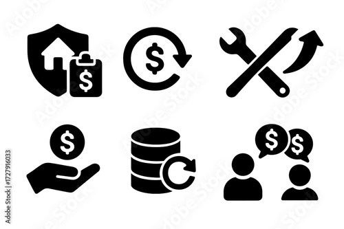 Loss Recovery Icons. Solid, filled icon set of loss recovery: insurance claim, refund, repair, data restore, compensation, backup, legal aid, negotiation.