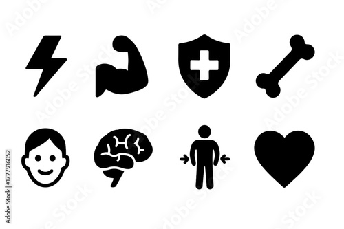 Nourishment Health Icons. Solid, filled icon set of nourishment health benefits: energy, muscle growth, immune support, bone strength, skin health, brain