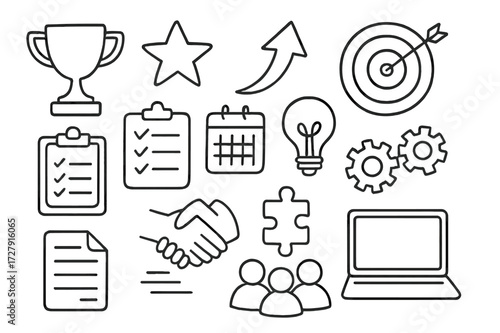 Goal Setting Icons. Hand-drawn doodle illustration goal setting trophy, star, arrow, target, checklist, clipboard, calendar, clock, document, puzzle piece,