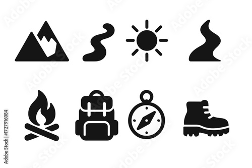 Outdoor Adventure Icons. Solid, filled icon set of outdoor stamina: mountain, trail, sun, water stream, campfire, backpack, compass, hiking boots. [Solid,