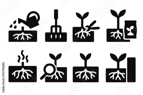 Root Care Icons. Solid, filled icon set of root care and gardening: watering roots, soil aeration, root pruning, root fertilizer, root rot, root inspection,