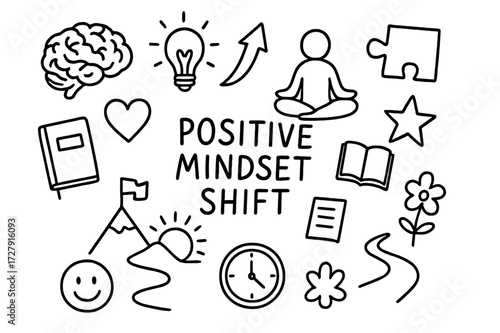 Positive Mindset Symbols. Hand-drawn doodle illustration Positive mindset shift brain, lightbulb, upward arrow, meditation pose, journal, heart, star, puzzle