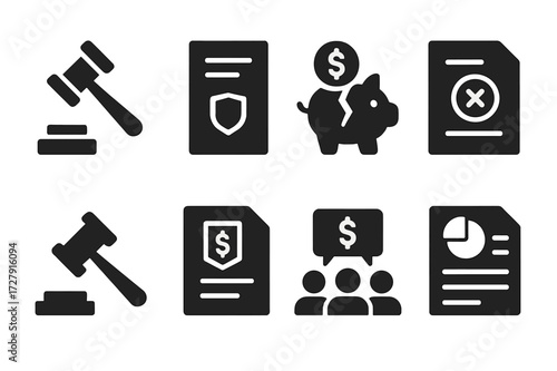 Bankruptcy Icons Set. Solid, filled icon set of bankruptcy process: court gavel, legal document, broken piggy bank, debt notice, auction hammer, bankruptcy