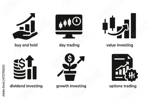 Investment Strategies Icons. Solid, filled icon set of stock investment strategies: buy and hold, day trading, swing trading, value investing, dividend