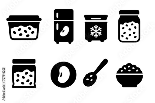 Refried Beans Storage. Solid, filled icon set of refried beans storage: container, fridge, freezer, jar, sealed bag, label, spoon, bowl. [Line icons in only