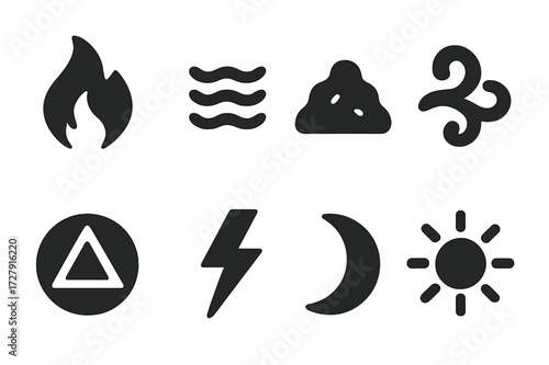 Elemental Icon Grid. Solid, filled icon set of ritual elements: fire, water, earth, air, spirit, lightning, moonlight, sunlight. Solid, filled icons in only