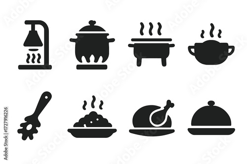 Black Hot Food Icons. Solid, filled icon set of hot food service: heat lamp, soup pot, warming tray, stew bowl, pasta server, risotto dish, roasted meat plate,
