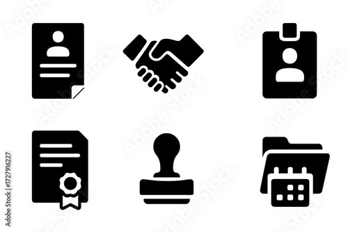 Employment Icon Set. Solid, filled icon set of employment agreement: contract, handshake, pen signing, ID badge, legal document, approval stamp, calendar,