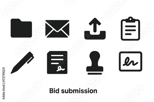 Bid Submission Icons. Solid, filled icon set of bid submission: document folder, email, upload arrow, clipboard, pen, contract, seal, digital signature. Line